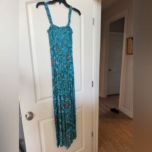Patrons of peace floral Blue and Green smocked jumpsuit size xs
